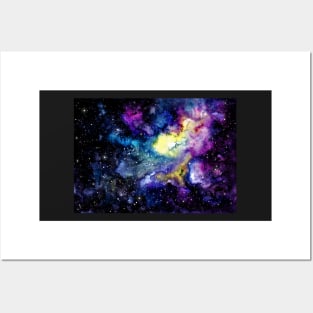 Watercolor Starry Sky, Violet Nebula and Yellow Shine Posters and Art